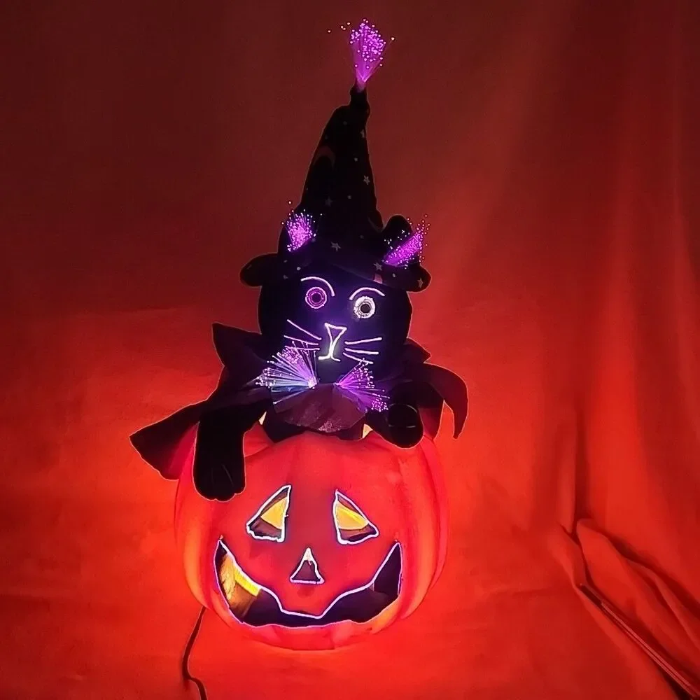 Decoration Fiber Optic Wizard Black Cat in a Pumpkin Lighted 17
